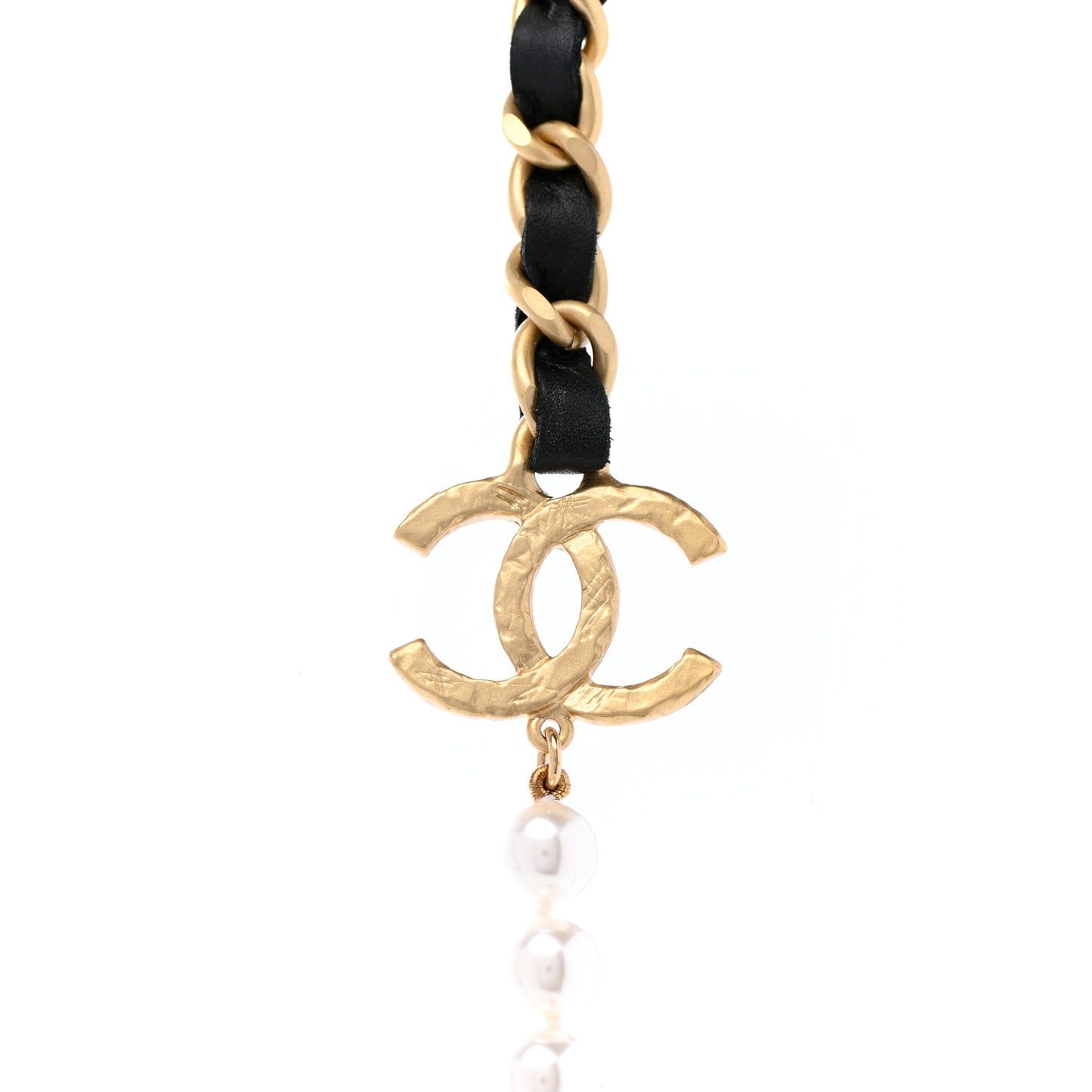Calfskin Pearl Chain 90's Camellia Long Necklace Black Gold