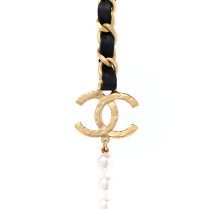 Chanel Calfskin Pearl Chain 90's Camellia Long Necklace Black Gold 4 of 6