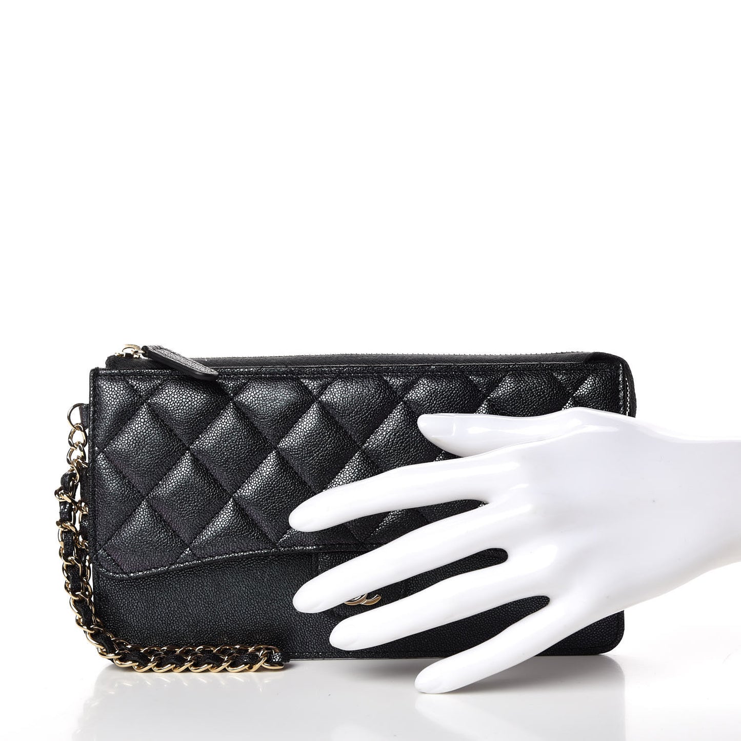 Iridescent Caviar Quilted Classic Pouch With Handle Black