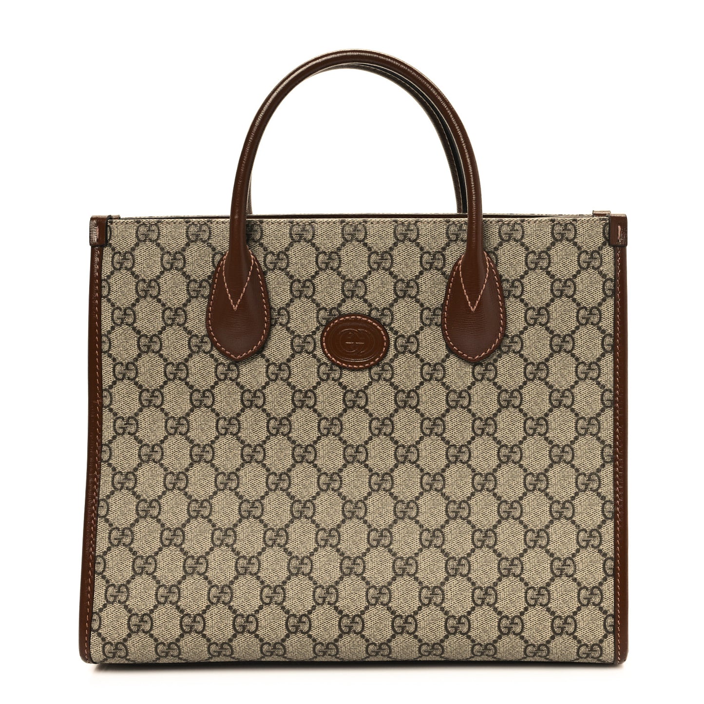 GG Supreme Monogram Azalea Calfskin Small Retro Interlocking G Tote Bag Beige Ebony Brown Sugar
