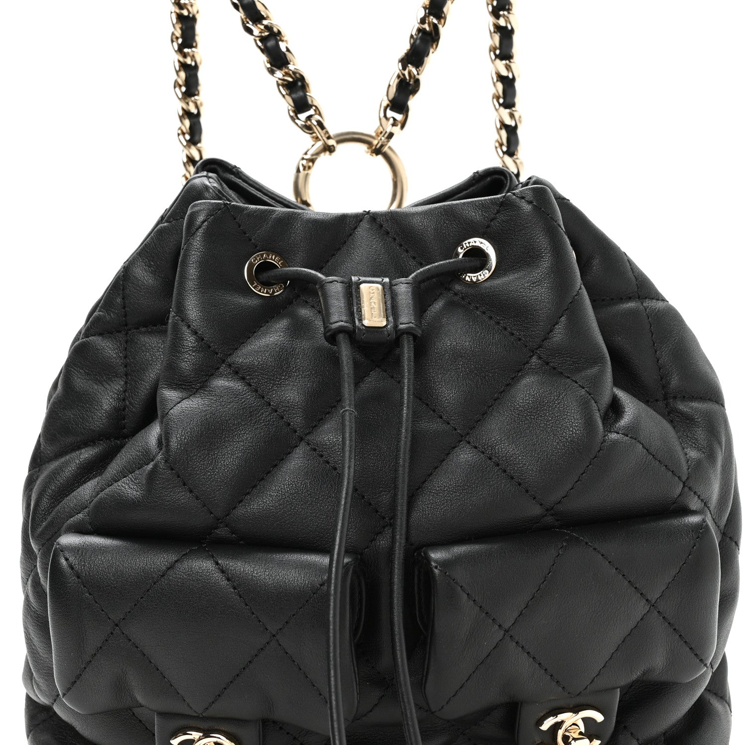 Chanel Calfskin Quilted Double Pocket Drawstring Backpack Black 7 of 9