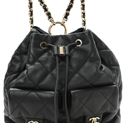 Chanel Calfskin Quilted Double Pocket Drawstring Backpack Black 7 of 9