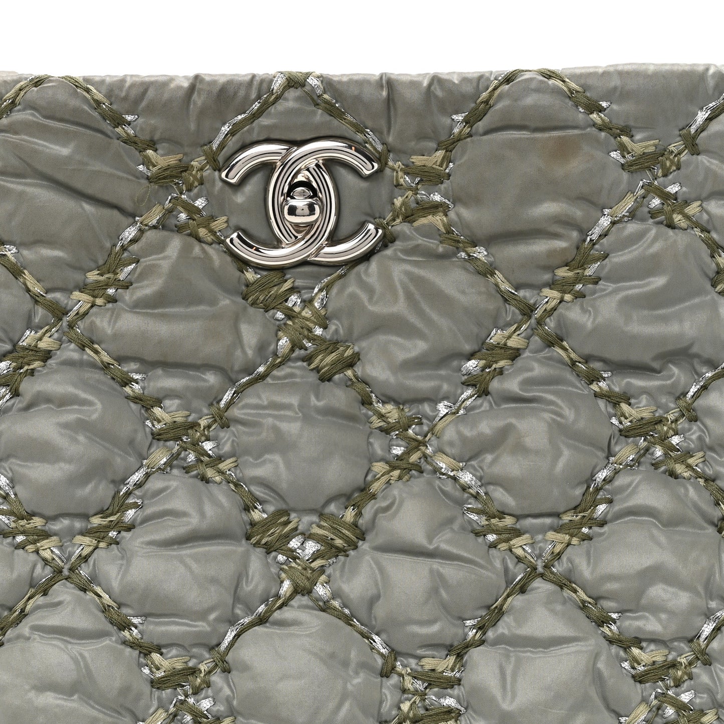 Nylon Quilted Tweed Stitch Bubble Tote Green