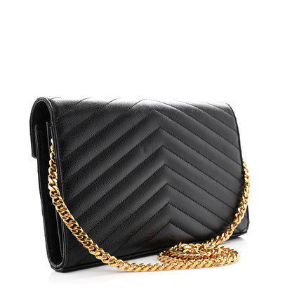 Saint Laurent Grain De Poudre Matelasse Chevron Monogram Chain Wallet Black 3 of 11