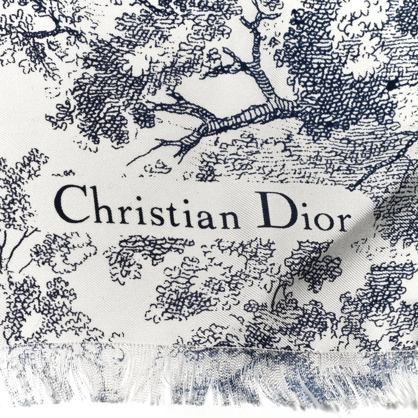 Silk Toile De Jouy Fringe Scarf Blue