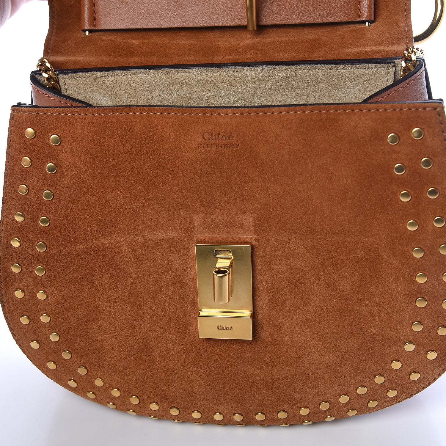 Chloe Suede Smooth Calfskin Studded Drew Shoulder Bag Caramel 9 of 14