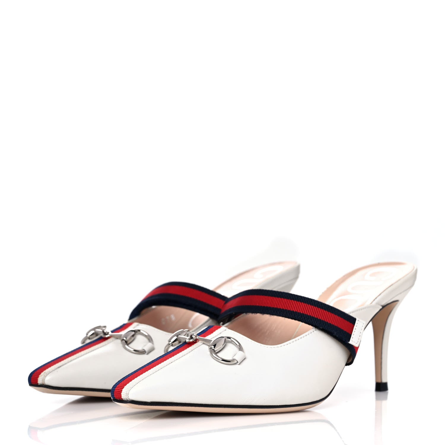 Gucci Malaga Kid Sylvie Web Cross Strap Mid-Heel Slides 36 Vintage White 3 of 8