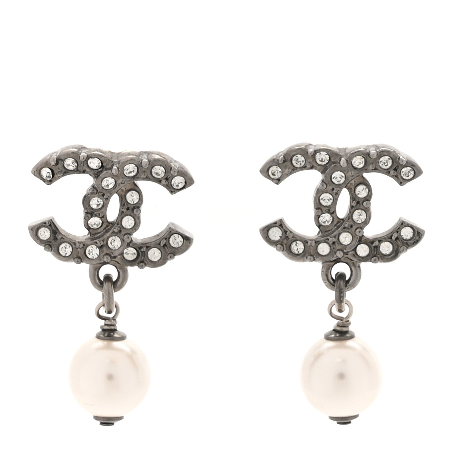 Chanel Pearl Crystal CC Drop Earrings Silver Pearly White 1 of 5