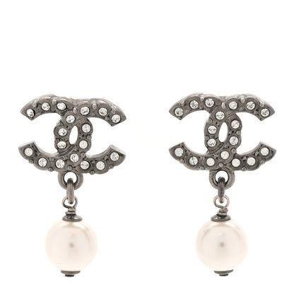 Chanel Pearl Crystal CC Drop Earrings Silver Pearly White 1 of 5