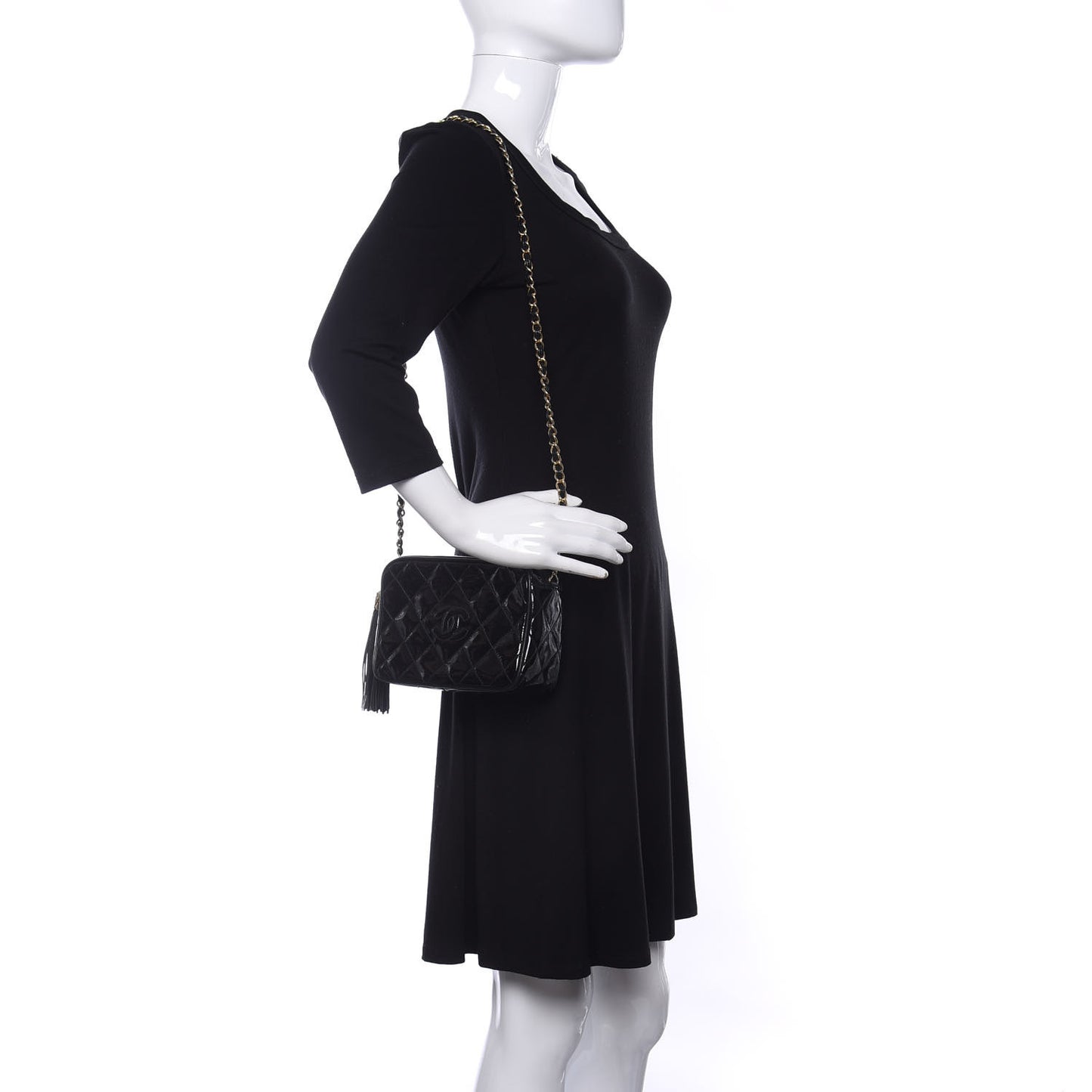 Patent Tassel Quilted Shoulder Bag Black