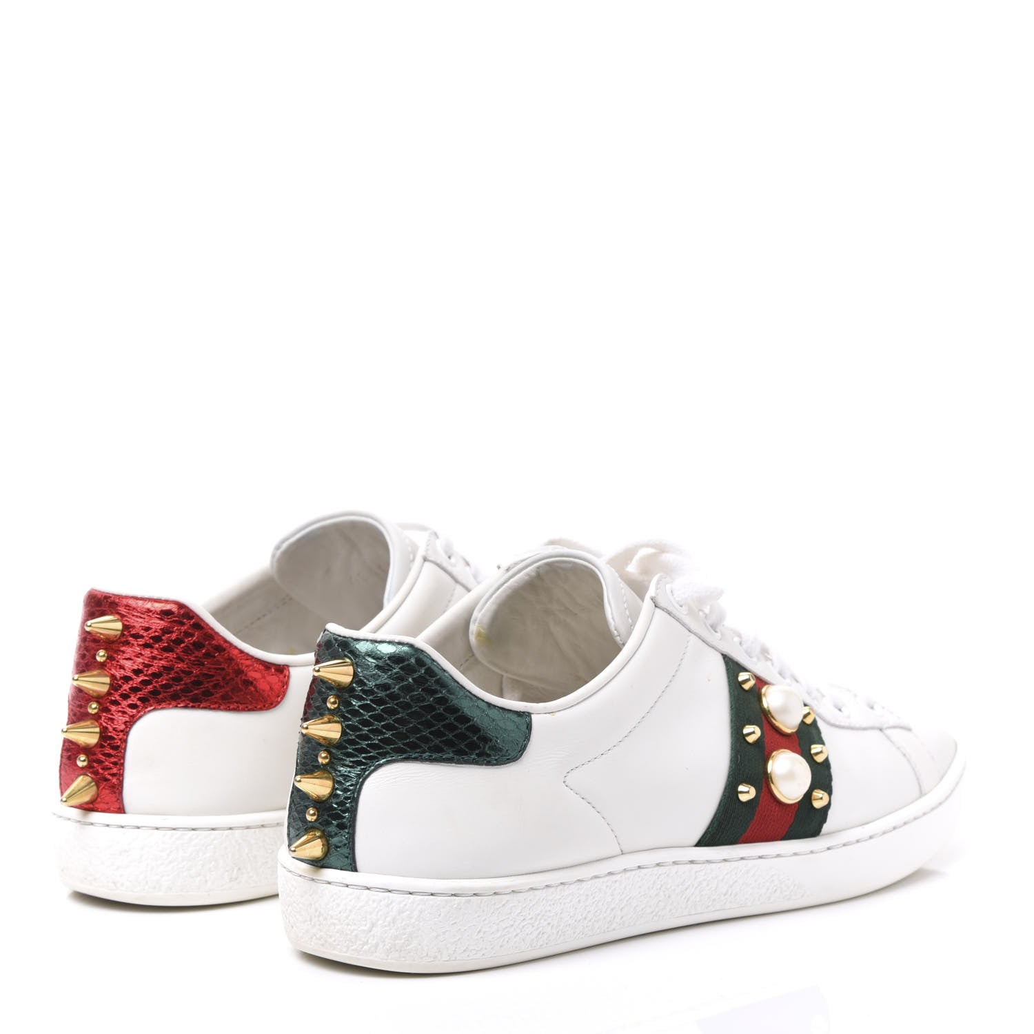 Gucci Calfskin Web Pearl Studded Womens Ace Sneakers 35.5 White 4 of 9