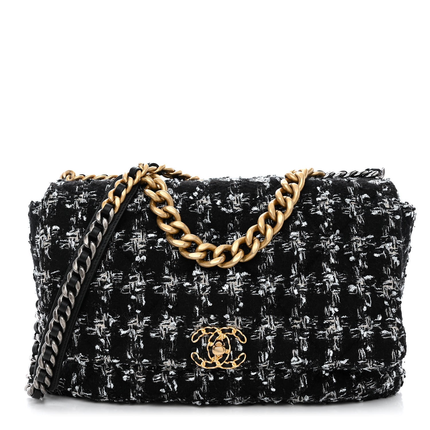 Chanel Tweed Quilted Maxi Chanel 19 Flap Black Silver Ecru 1 of 10