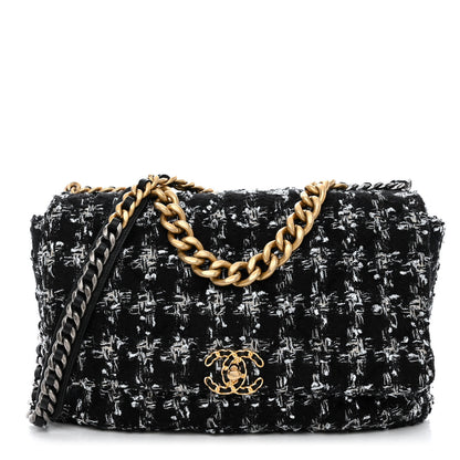 Chanel Tweed Quilted Maxi Chanel 19 Flap Black Silver Ecru 1 of 10