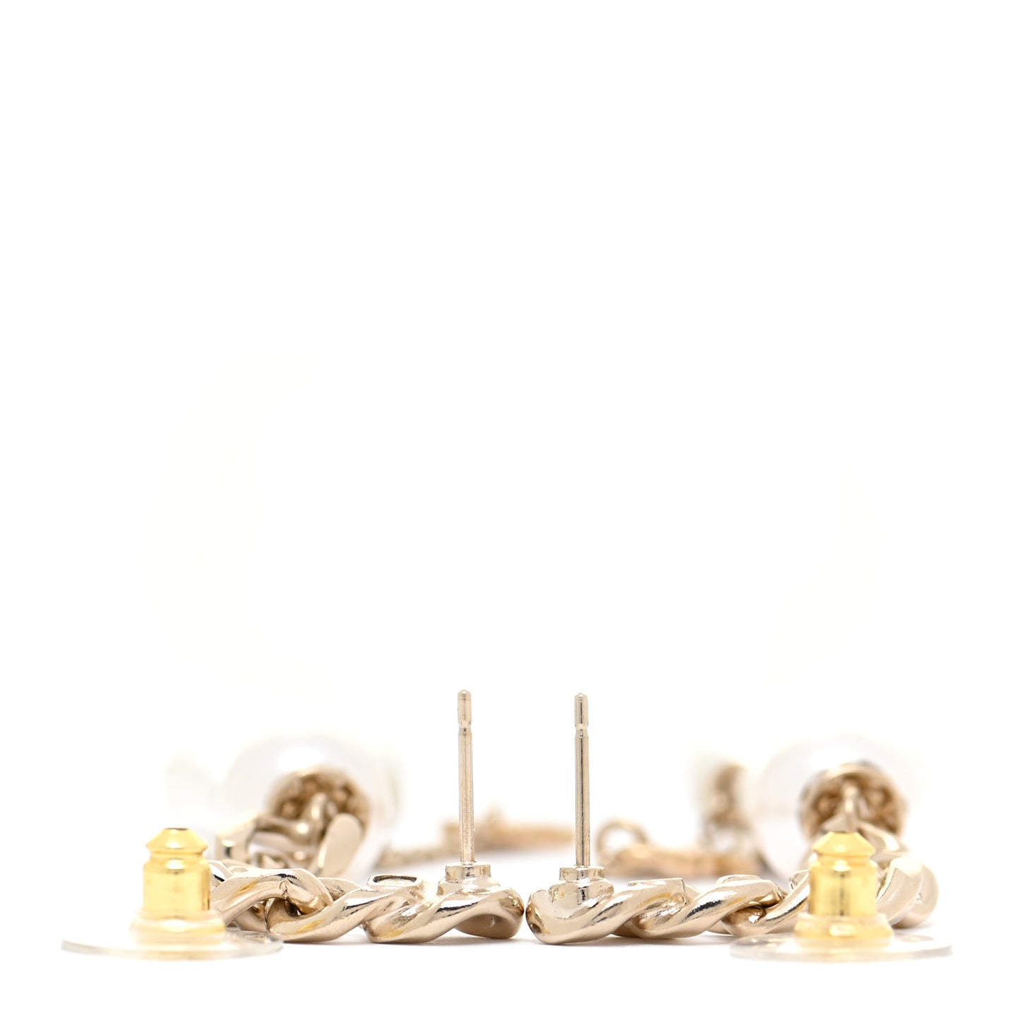 Pearl Resin Crystal CC No 5 Perfume Bottle Chain Drop Earrings Gold Pearly White