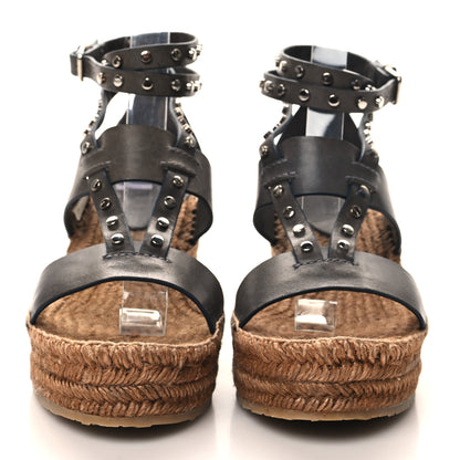 Jimmy Choo Raffia Calfskin Stud Danica 80mm Wedge Sandals 37 Grey 2 of 7