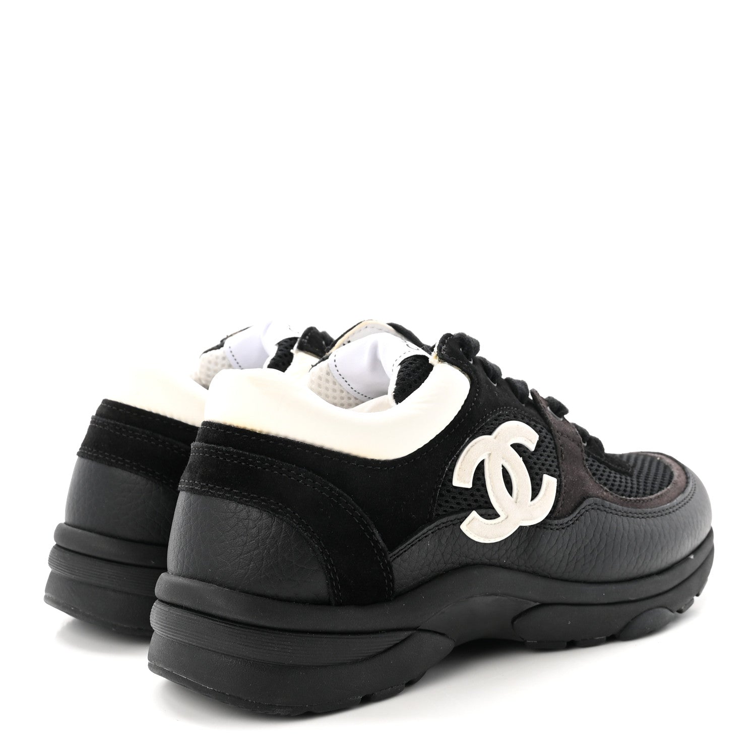 Chanel Mesh Suede Grained Calfskin Womens CC Sneakers 37.5 Black White 5 of 10