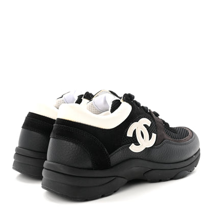 Chanel Mesh Suede Grained Calfskin Womens CC Sneakers 37.5 Black White 5 of 10