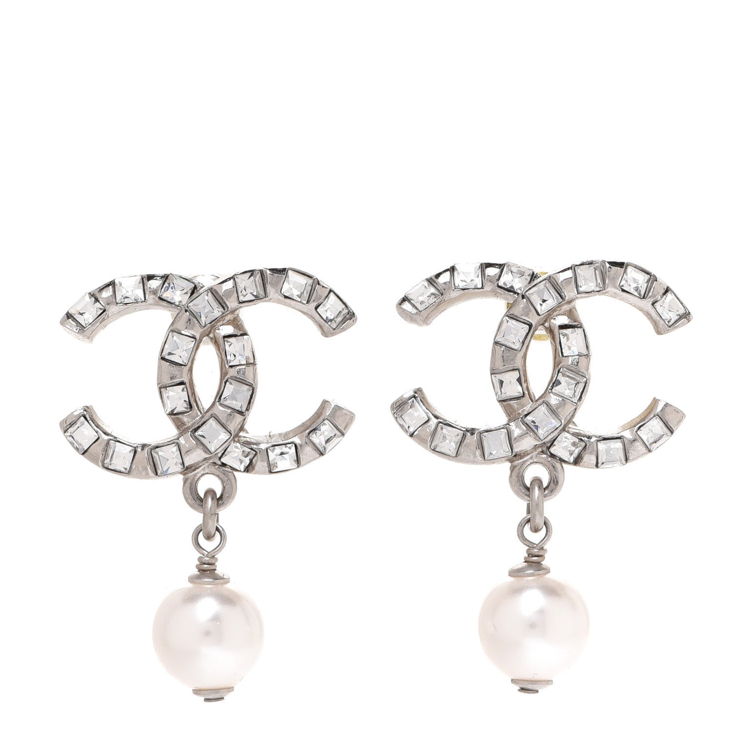 Baguette Crystal Pearl CC Drop Earrings Silver