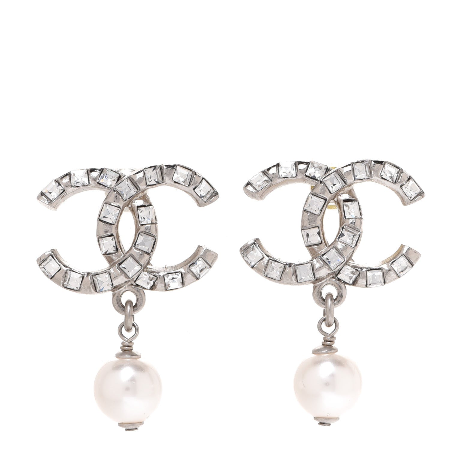 Chanel Baguette Crystal Pearl CC Drop Earrings Silver 1 of 5