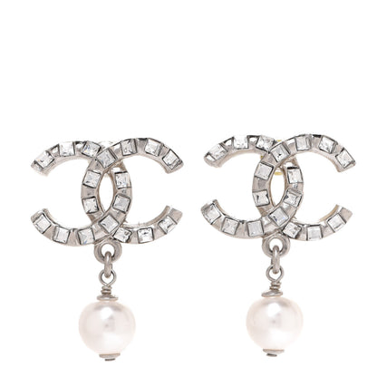 Chanel Baguette Crystal Pearl CC Drop Earrings Silver 1 of 5