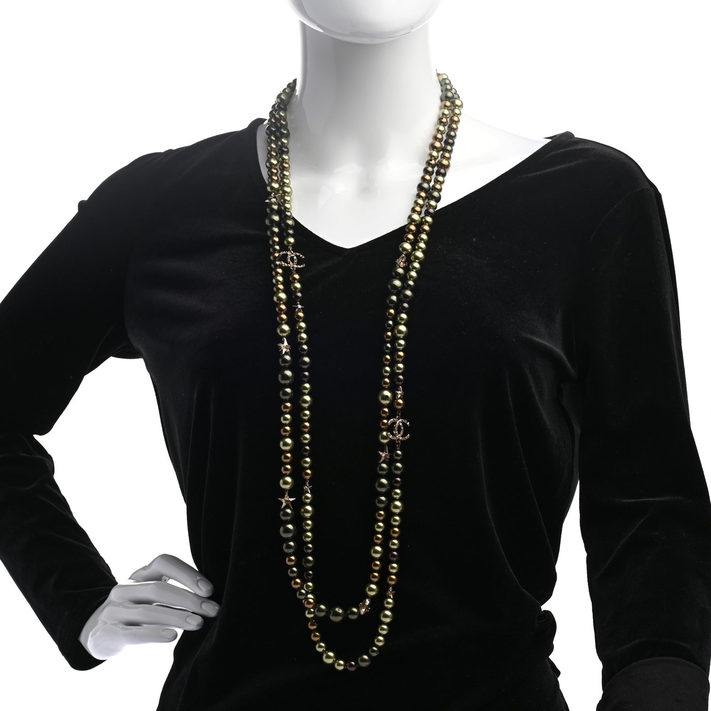 Pearl Star CC Multi Strand Long Necklace Green Gold