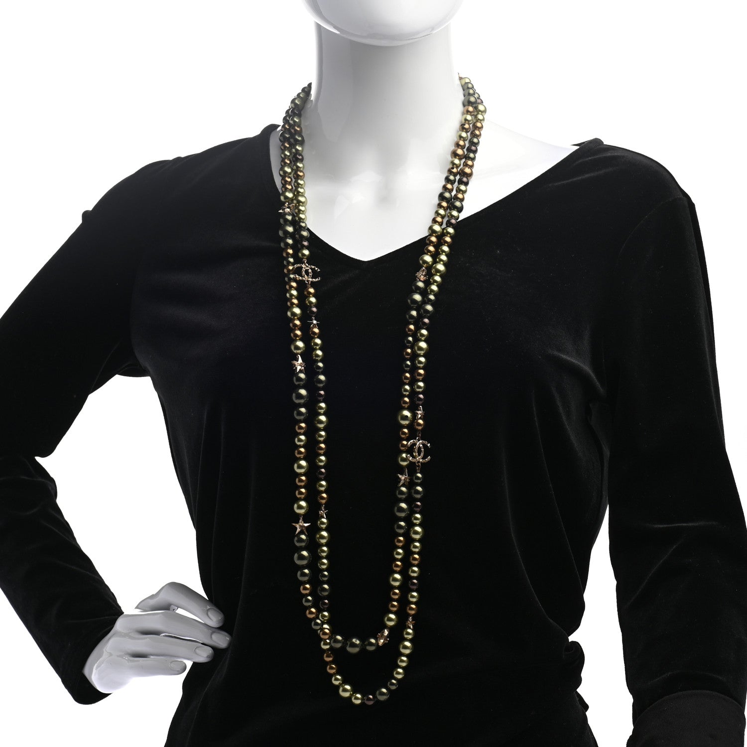 Chanel Pearl Star CC Multi Strand Long Necklace Green Gold 2 of 6