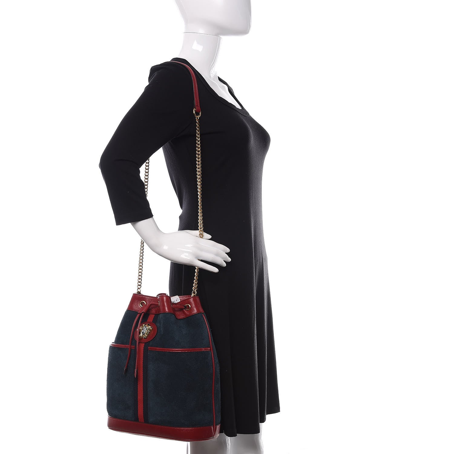 Gucci Suede Calfskin Web Medium Rajah Bucket Bag New Blue Romantic Cherry 2 of 11