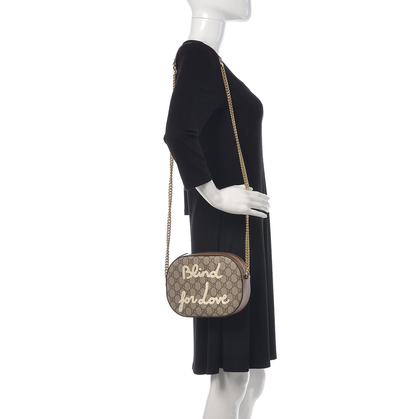 GG Supreme Monogram Blind For Love Embroidered Mini Chain Shoulder Bag Beige Tuscany