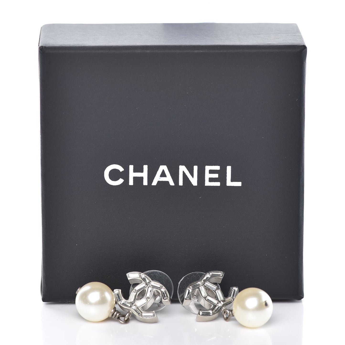 Crystal Pearl CC Drop Earrings Silver