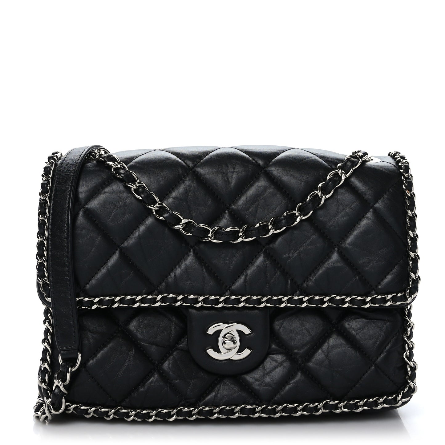 Crumpled Calfskin Medium Chain All Over Flap Black