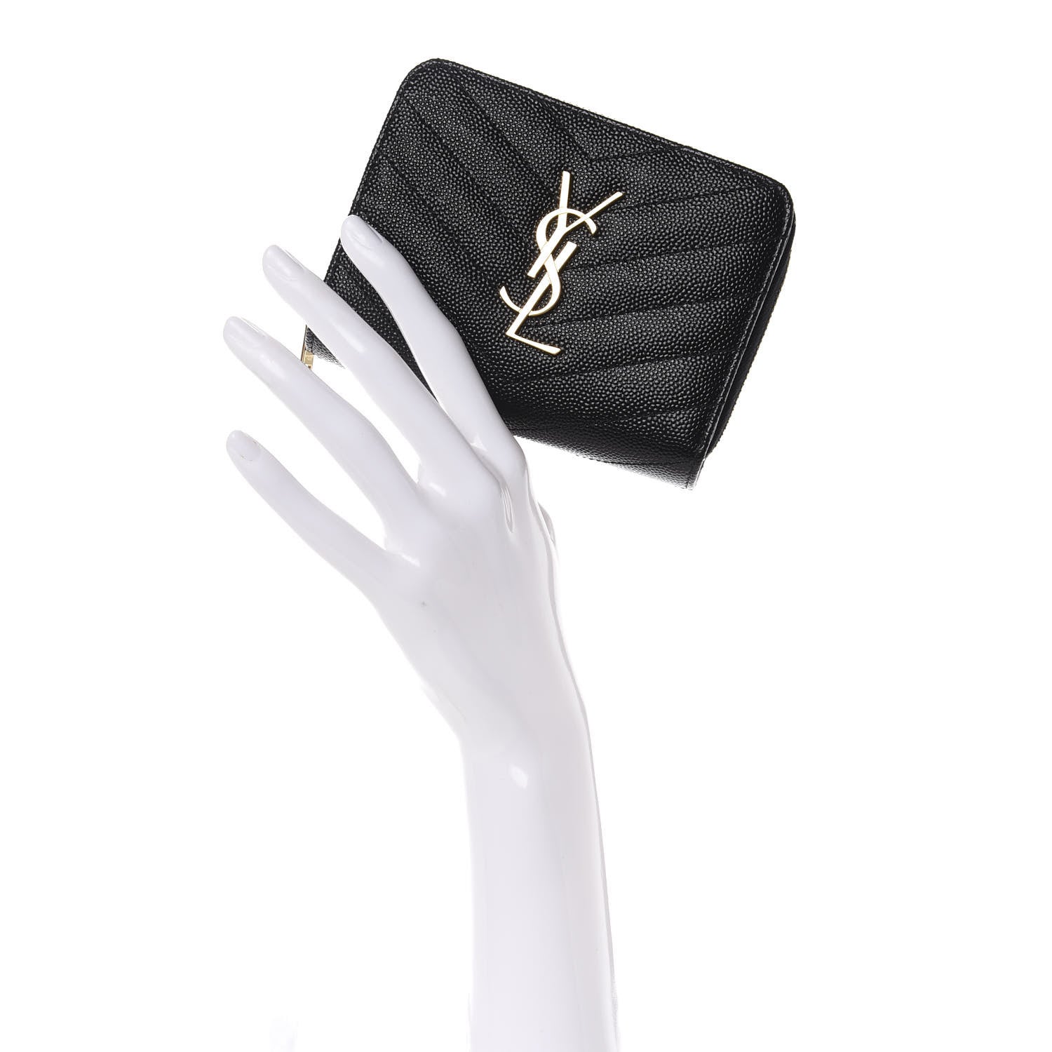 Saint Laurent Grain De Poudre Matelasse Chevron Monogram Compact Zip Around Wallet Black 2 of 8