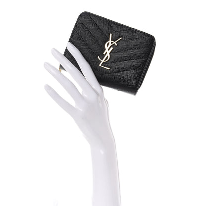 Saint Laurent Grain De Poudre Matelasse Chevron Monogram Compact Zip Around Wallet Black 2 of 8