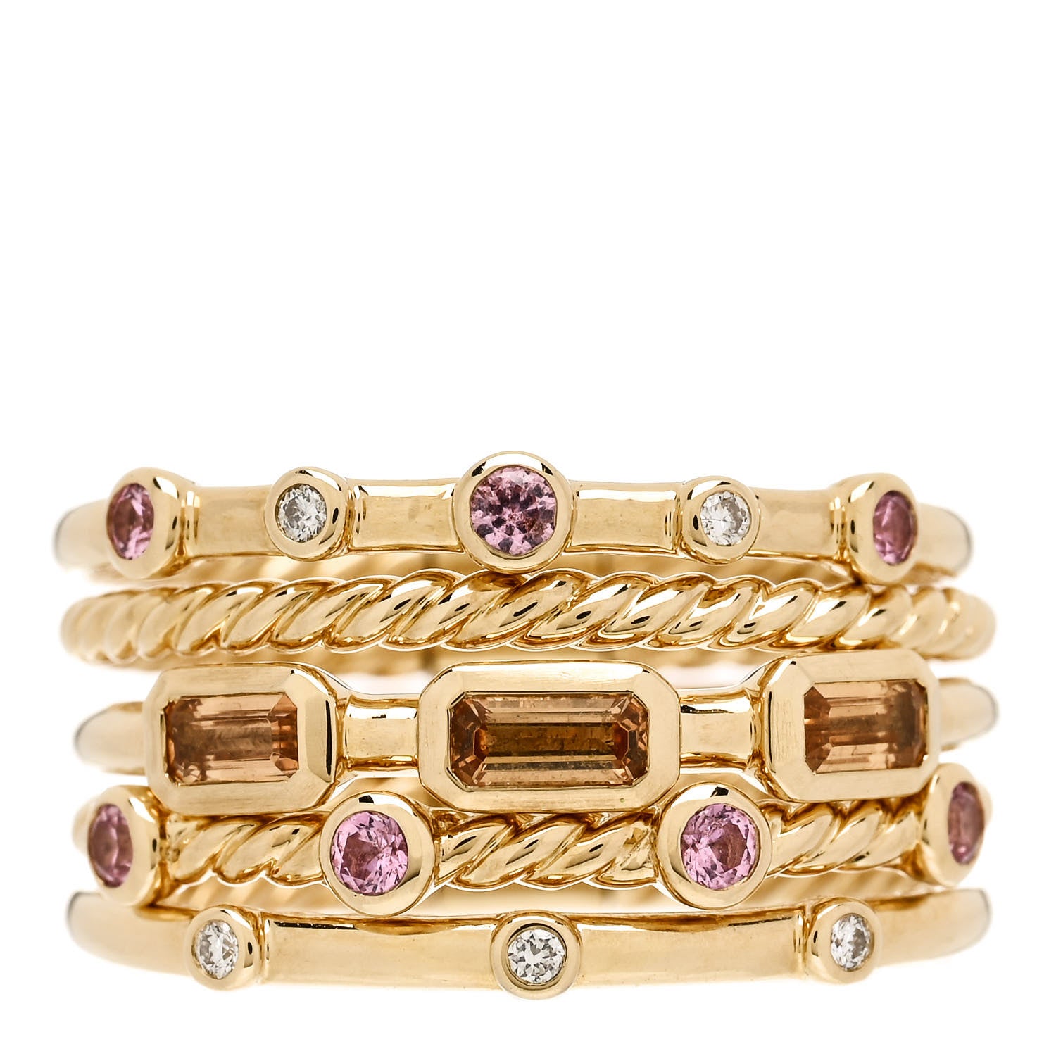 David Yurman 18K Yellow Gold Diamond Pink Sapphire Spessartine Garnet Five Row Novella Ring 54 7 1 of 4