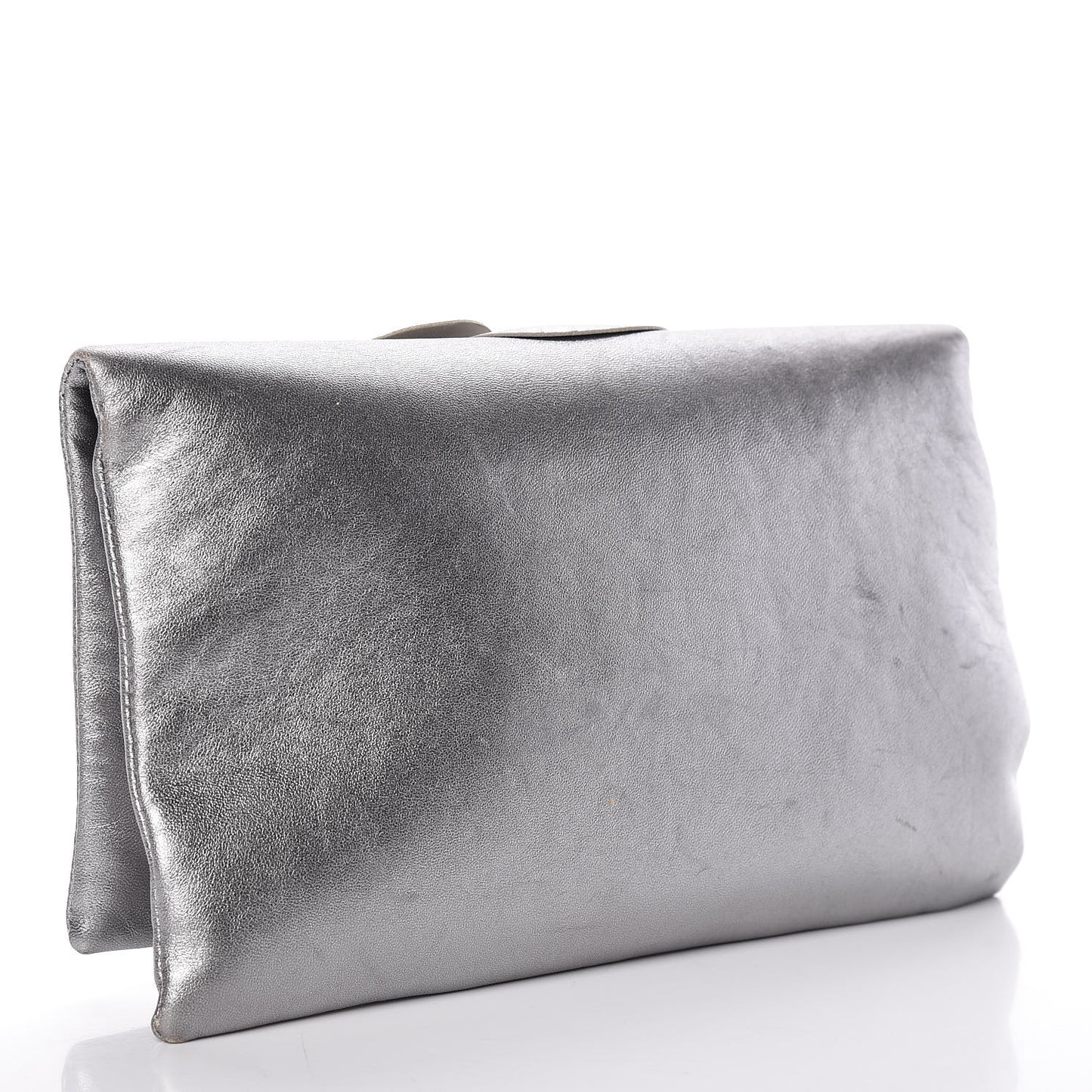 Metallic Lambskin Camellia Beauty Clutch Silver
