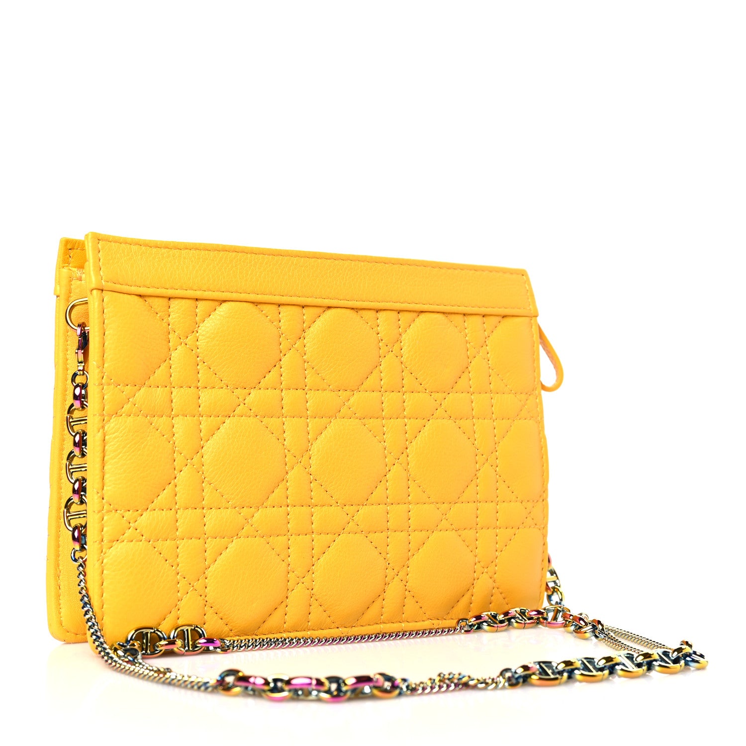 Christian Dior Calfskin Cannage Caro Zipped Pouch With Chain Sunny Yellow 3 of 9