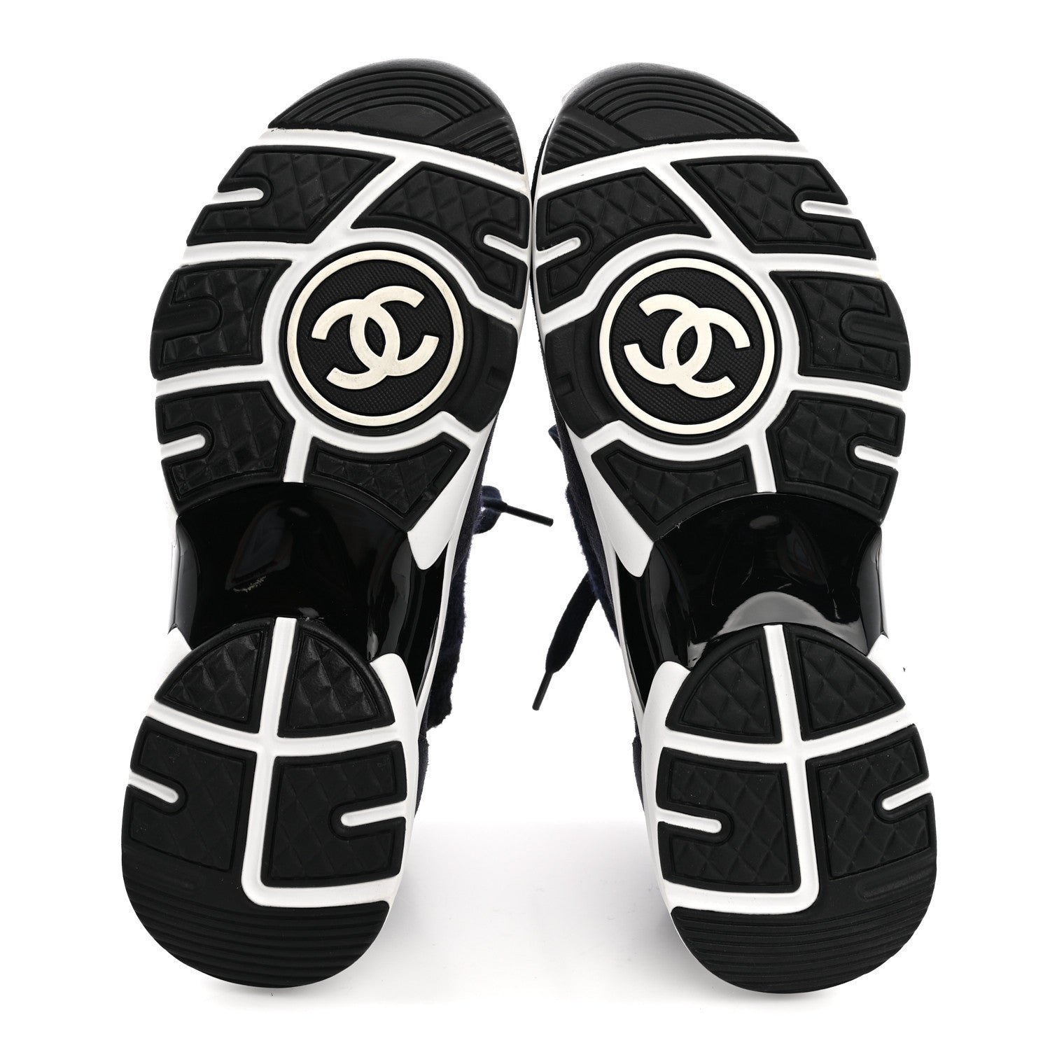 Chanel Knit Fabric Suede Calfskin Womens CC Sneakers 38 Navy Black 6 of 8