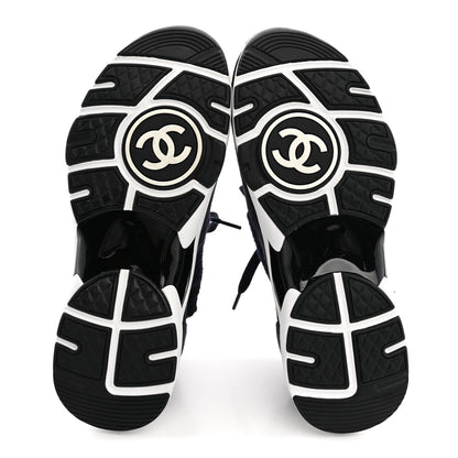 Chanel Knit Fabric Suede Calfskin Womens CC Sneakers 38 Navy Black 6 of 8
