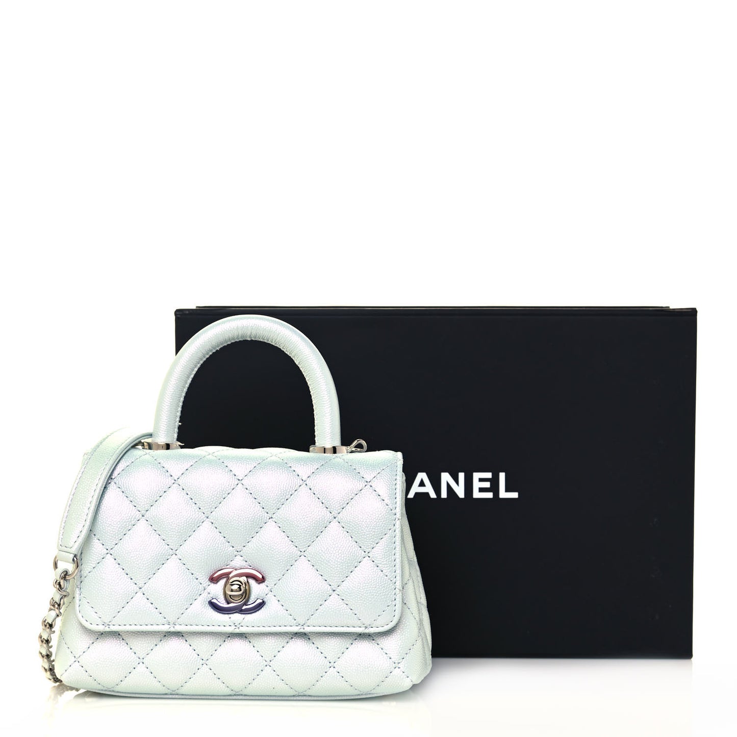 Iridescent Caviar Quilted Extra Mini Coco Handle Flap Light Blue