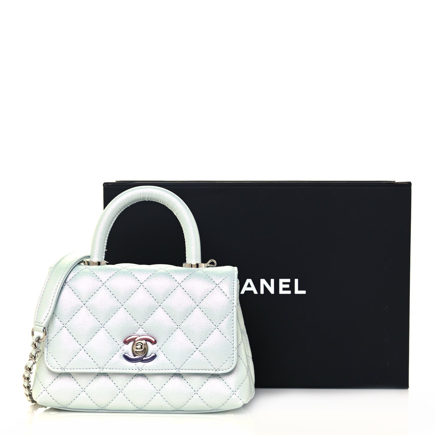 Chanel Iridescent Caviar Quilted Extra Mini Coco Handle Flap Light Blue 14 of 14