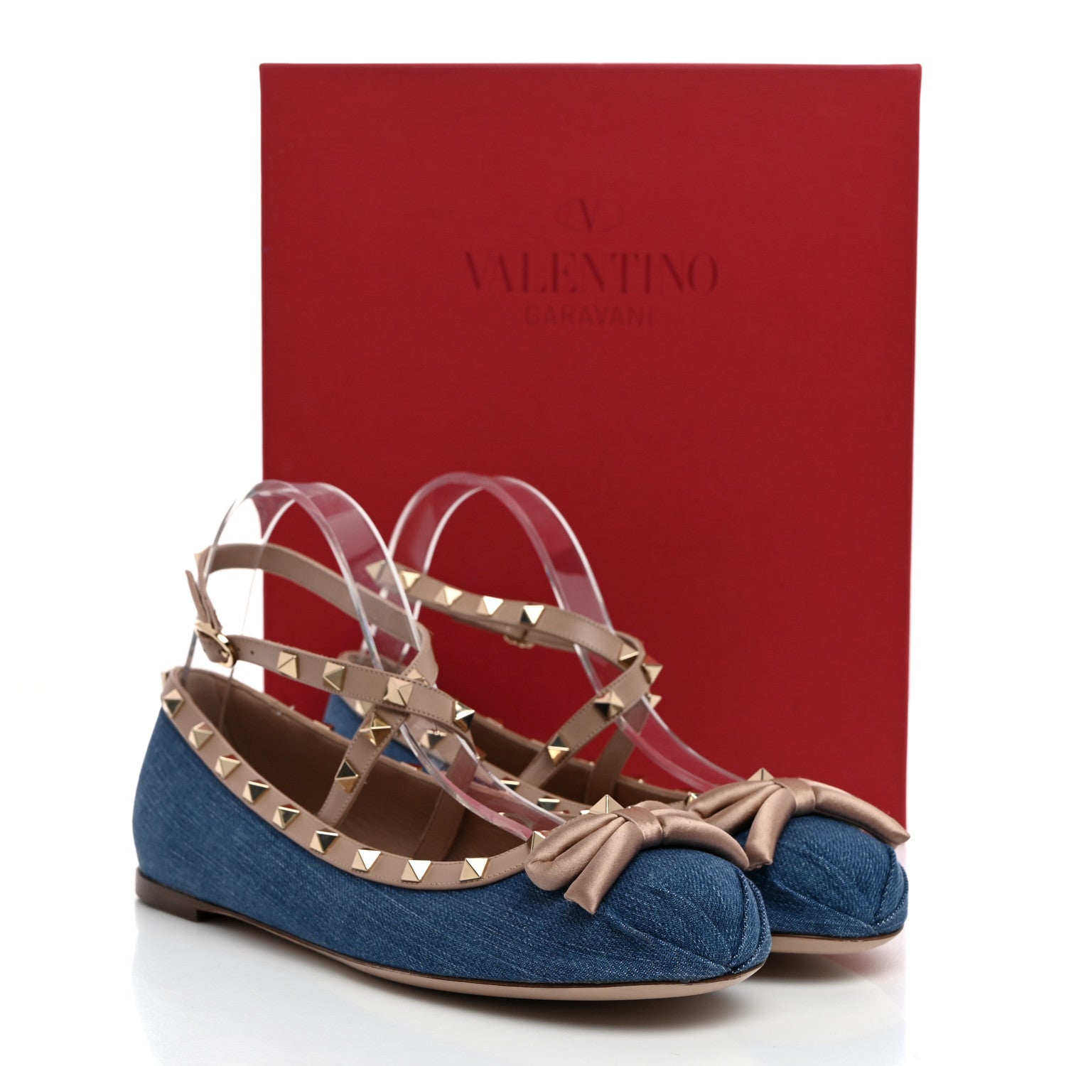 Valentino Garavani Denim Rockstud Bow Ankle Strap Ballerina Flats 41.5 Blue Rose Cannelle 9 of 9
