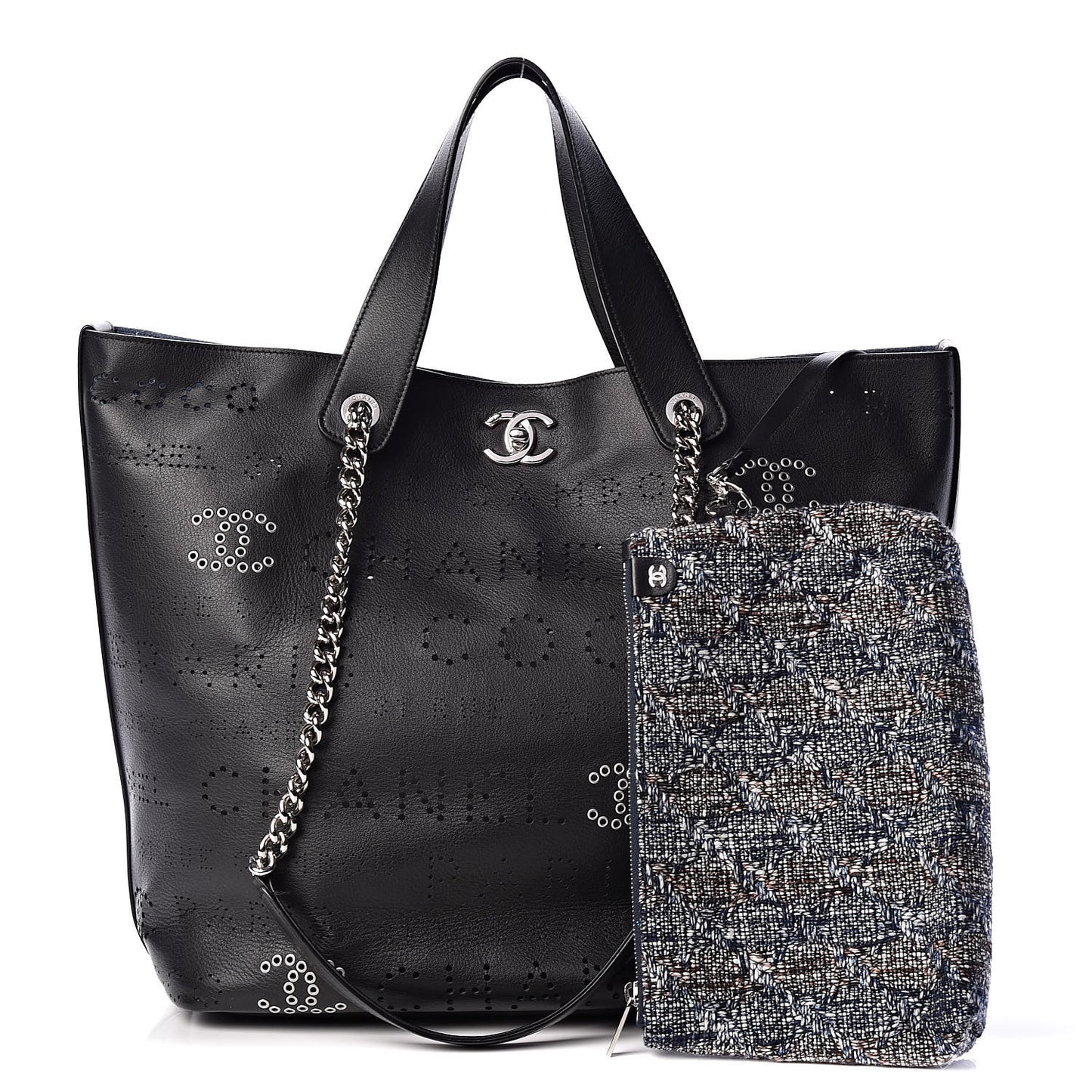 Calfskin Tweed Eyelet Large Shopping Tote Black