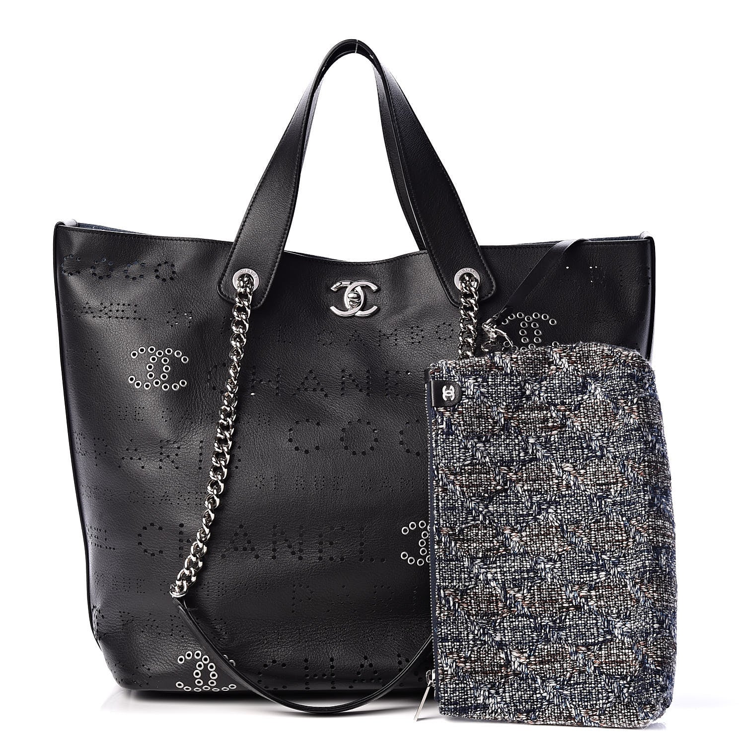 Chanel Calfskin Tweed Eyelet Large Shopping Tote Black 1 of 13