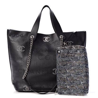 Chanel Calfskin Tweed Eyelet Large Shopping Tote Black 1 of 13