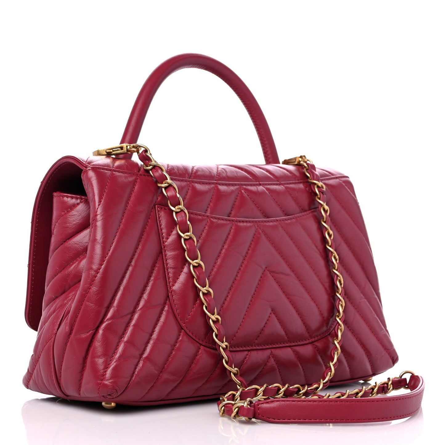 Calfskin Chevron Quilted Small Coco Handle Flap Dark Fuchsia