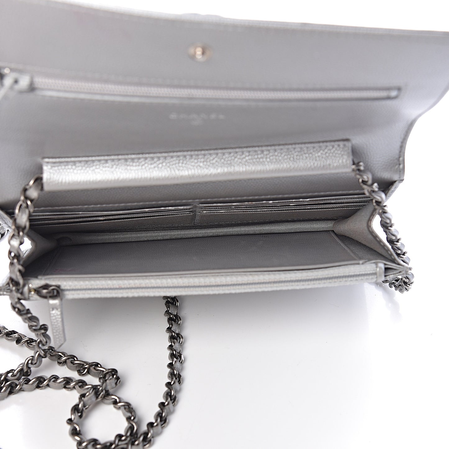 Metallic Caviar Chevron Quilted Boy Wallet On Chain WOC Silver