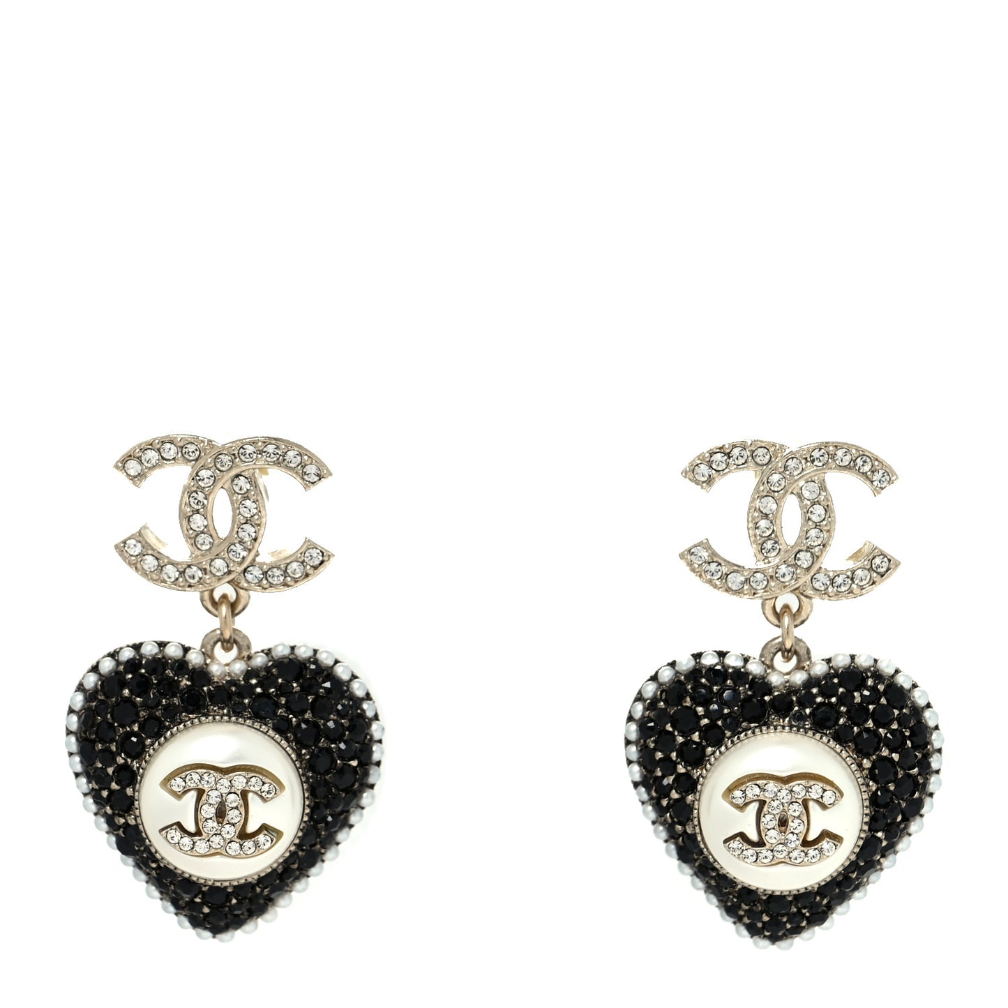 Pearl Crystal CC Heart Drop Earrings Gold Black White