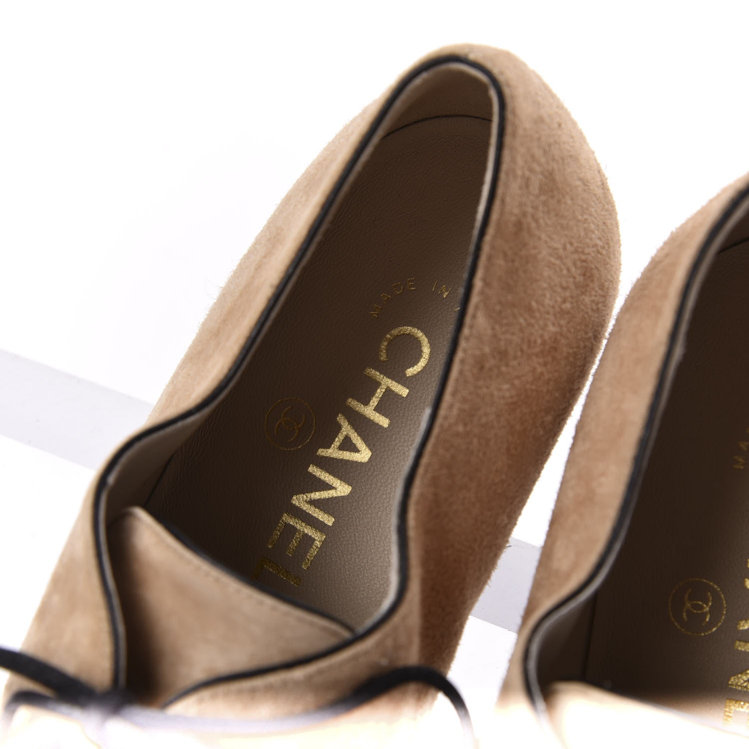 Chanel Suede Calfskin Satin Cap Toe Lace Up Oxfords 38.5 Beige Black 6 of 10