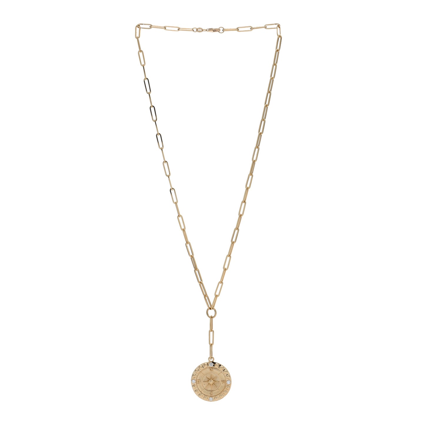 18K Yellow Gold Diamond Large Internal Compass Refined Clip Extension Chain Necklace