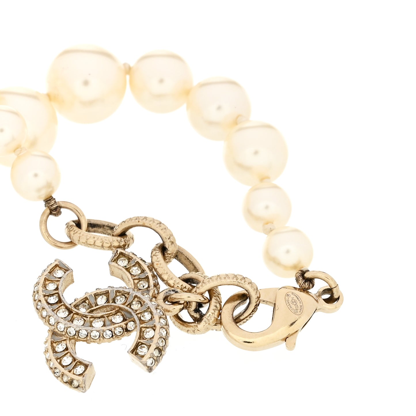Graduated Pearl Crystal CC Bracelet Gold