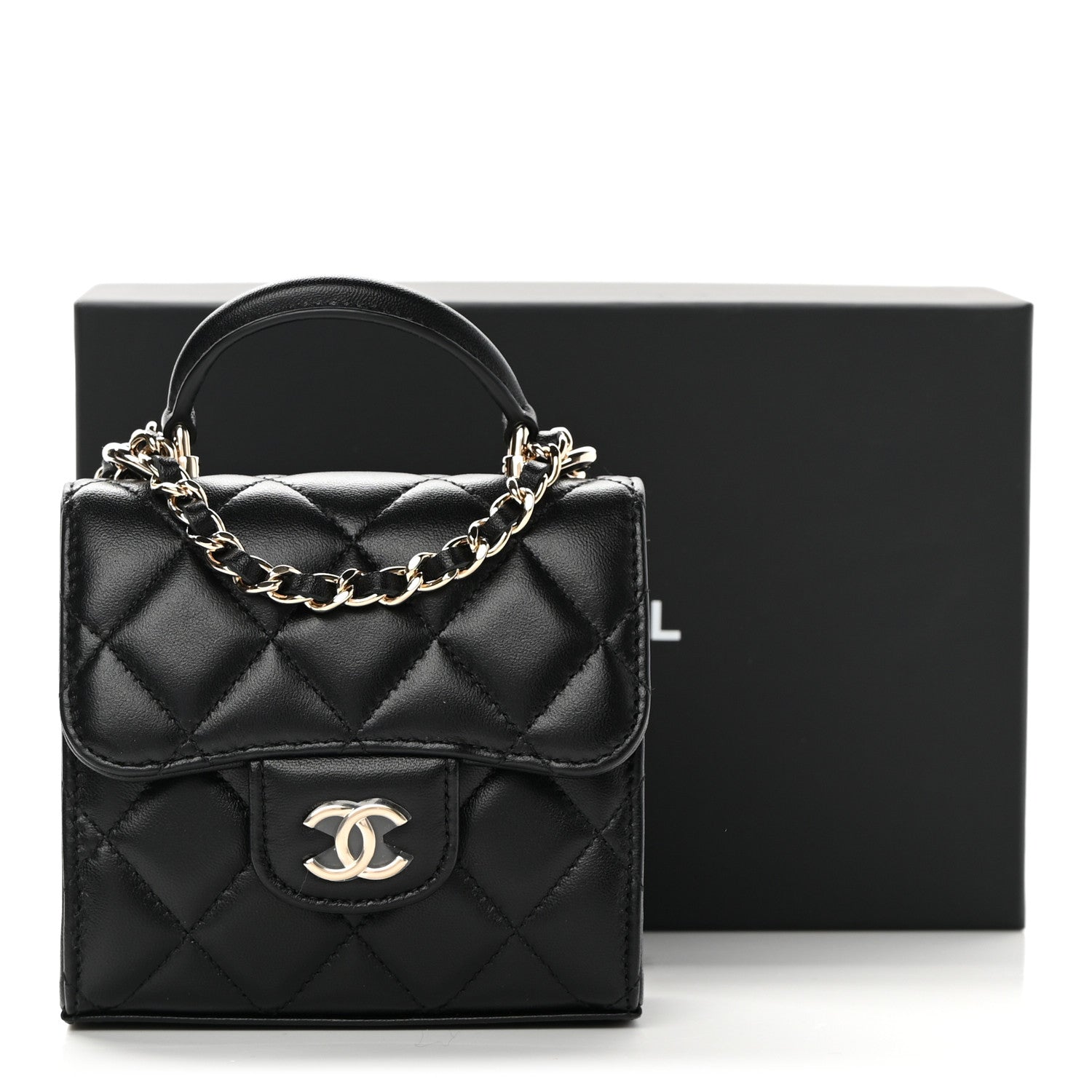 Chanel Lambskin Quilted Top Handle Flap Clutch With Chain Black 12 of 12